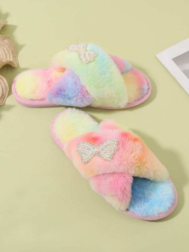 Butterfly Decor Cross Strap Fluffy Slippers