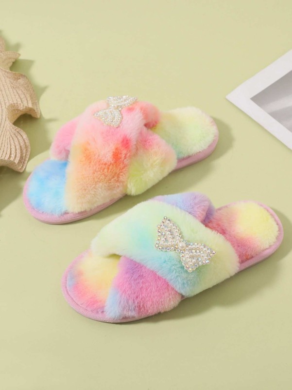 Butterfly Decor Cross Strap Fluffy Slippers