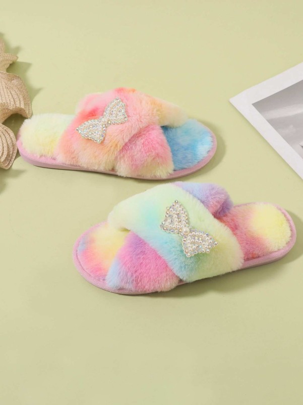 Butterfly Decor Cross Strap Fluffy Slippers