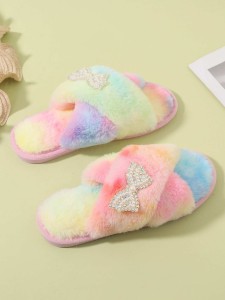 Butterfly Decor Cross Strap Fluffy Slippers