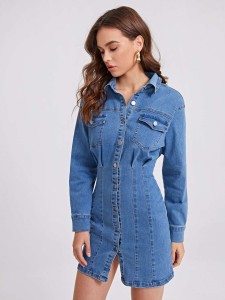 Button Front Flap Pocket Denim Dress