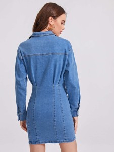 Button Front Flap Pocket Denim Dress