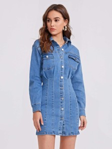 Button Front Flap Pocket Denim Dress