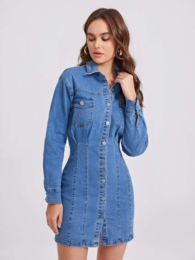 Button Front Flap Pocket Denim Dress