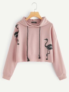 Flamingo Print Drop Shoulder Hoodie