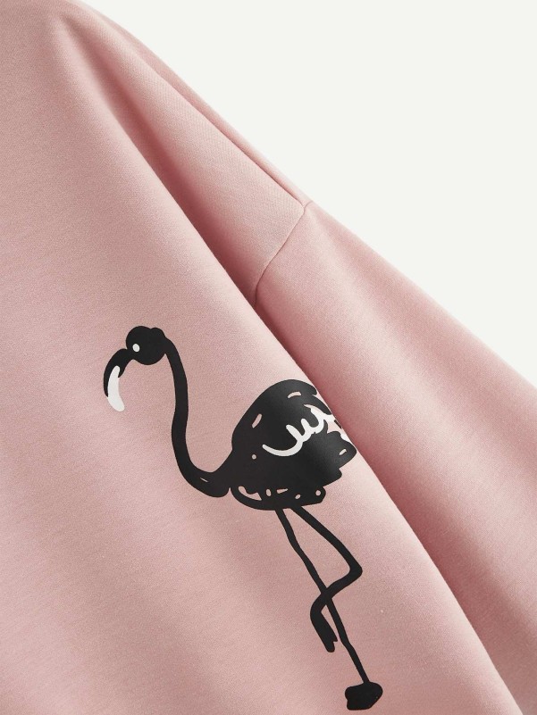 Flamingo Print Drop Shoulder Hoodie