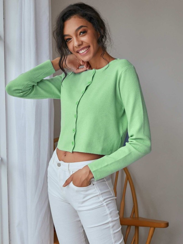 Button Front Solid Crop Cardigan