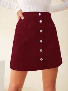 Button Front Solid Mini Skirt