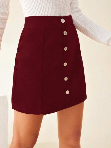 Button Front Solid Mini Skirt