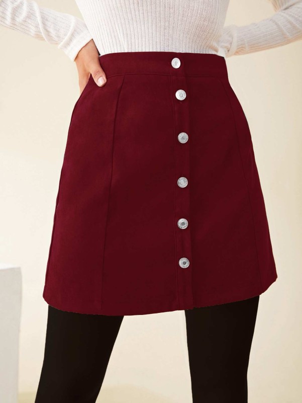 Button Front Solid Mini Skirt