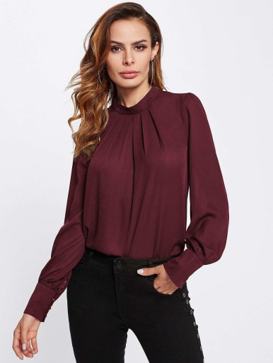 Button Keyhole Back Pleated Neck Blouse