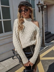 Cable Knit Cut Out Shoulder Sweater