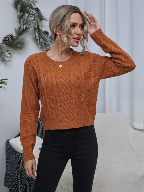 DAZY Solid Cable Knit Drop Shoulder Sweater