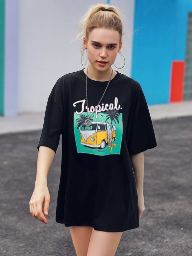 Car & Letter Graphic Oversized Tee