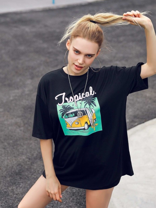 Car & Letter Graphic Oversized Tee, ROMWE USA