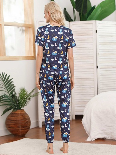 Cartoon And Galaxy Print Pajama Set