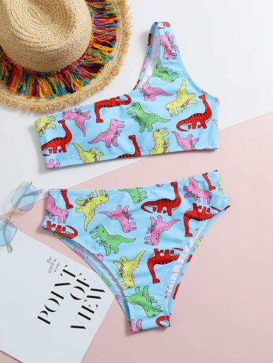 Cartoon Dinosaur One Shoulder Bikini Swimsuit