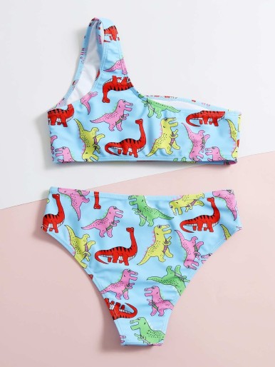 Cartoon Dinosaur One Shoulder Bikini Swimsuit