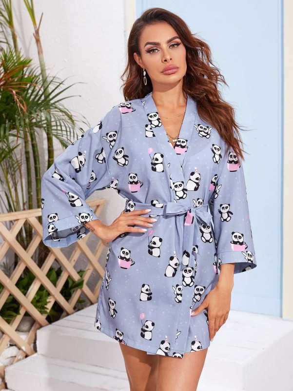 Cartoon Print Robe With Belt