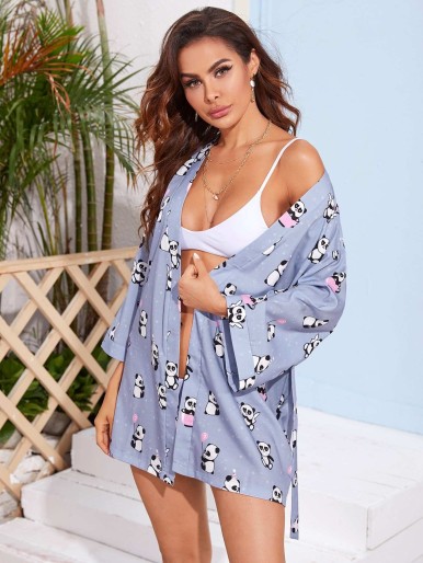 Cartoon Print Robe With Belt