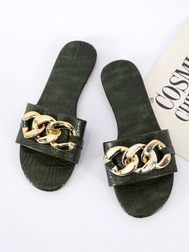 Chain Decor Croc Embossed Slide Sandals