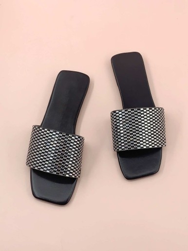 Rhinestone-embellished block-fit slide sandals