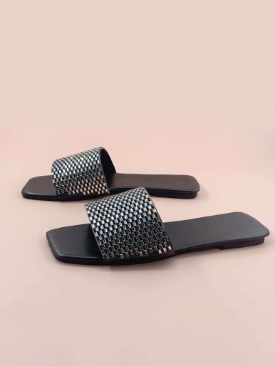 Rhinestone-embellished block-fit slide sandals