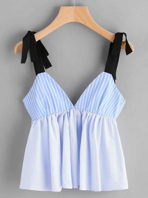 Vertical Striped Bow Tie Detail Peplum Cami Top