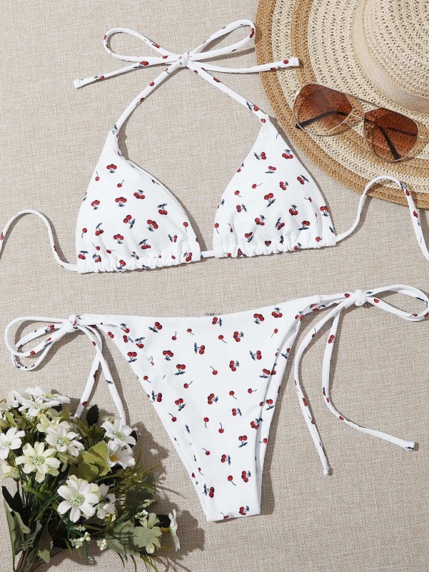 Cherry Print Knotted Side Bikini Set With Swim Skirt