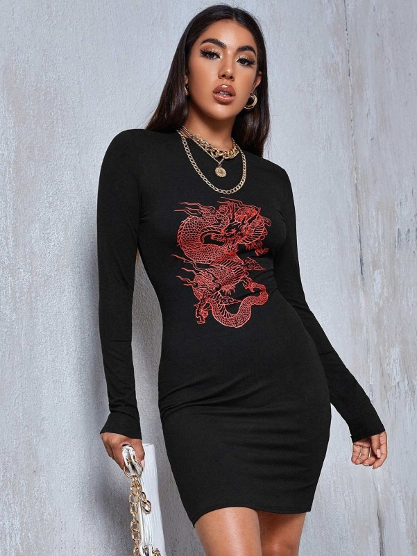 Chinese Dragon Graphic Bodycon Dress