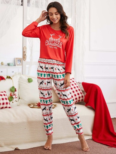 Christmas And Slogan Graphic Pajama Set