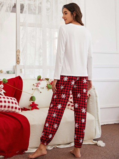 Christmas Slogan & Plaid Print Pajama Set
