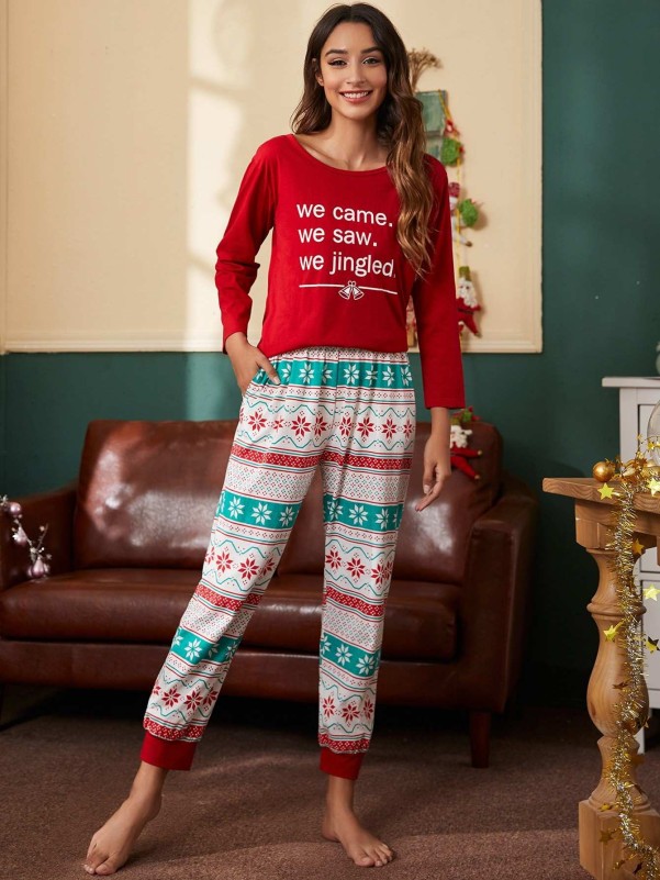 Christmas Slogan Graphic Slant Pocket Pajama Set