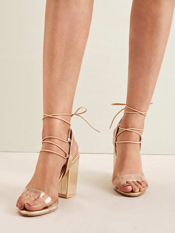 Clear Strap Lace-up Chunky Heeled Sandals