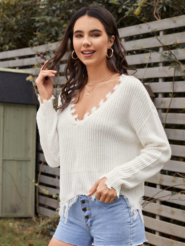 V neck sale frayed sweater