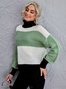 Color Block Funnel Neck Drop Shoulder Sweater