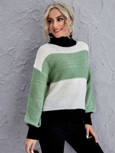 Color Block Funnel Neck Drop Shoulder Sweater