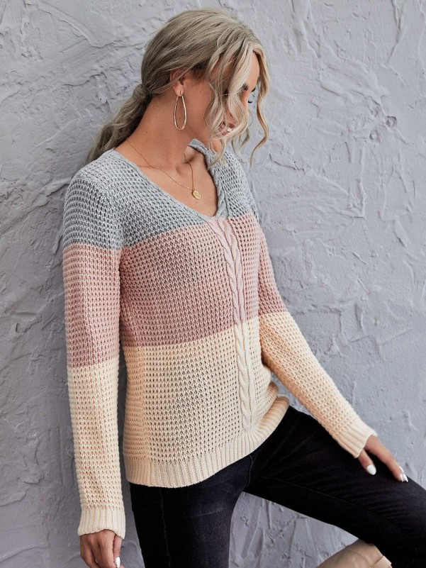 Color Block Pointelle Knit Sweater