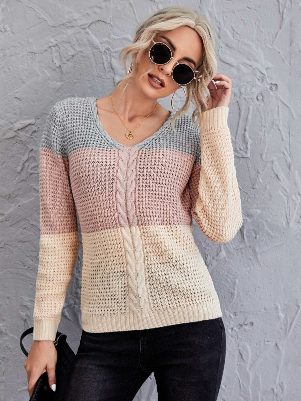 Color Block Pointelle Knit Sweater