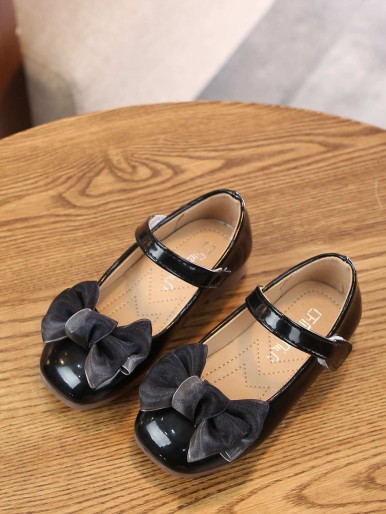 Girls Bow Decor Hook-and-loop Fastener Strap Flats