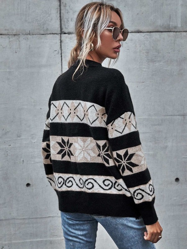 Colorblock And Argyle Pattern Drop Shoulder Sweater
