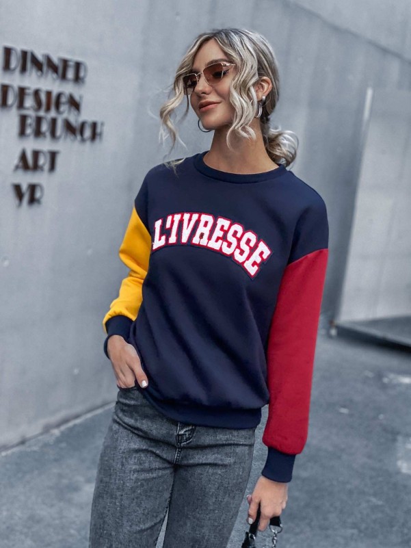 Colorblock And Letter Graphic Drop Shoulder Sweatshirt
