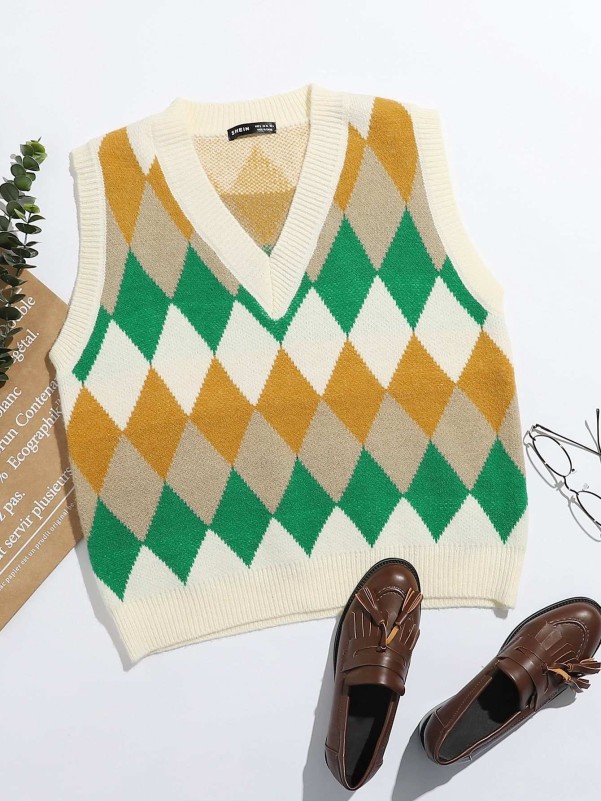 Colorblock Argyle Pattern Sweater Vest