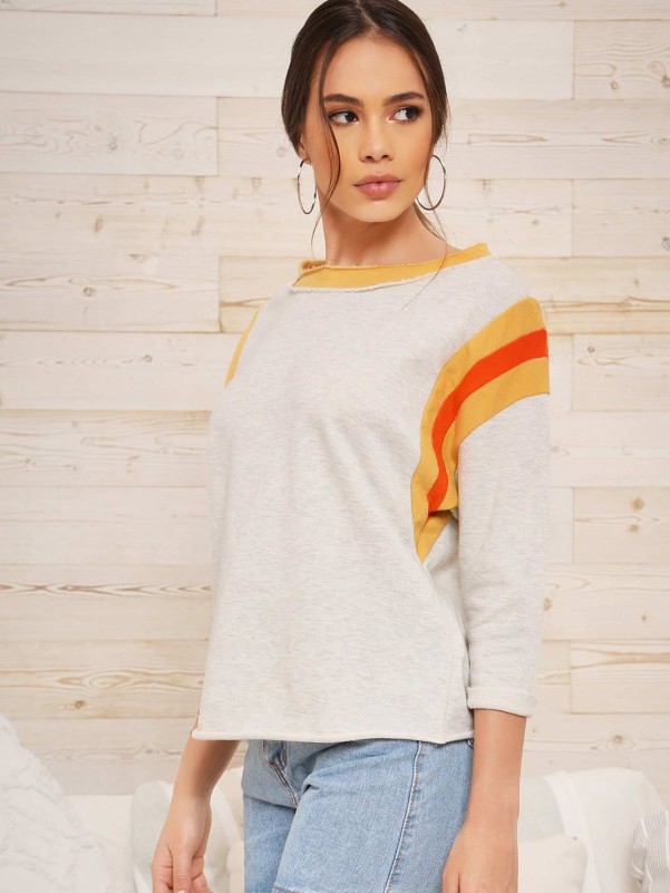 Colorblock Raglan Sleeve Raw Edge Pullover Top