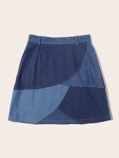 Color-block Slant Pocket A-line Denim Skirt