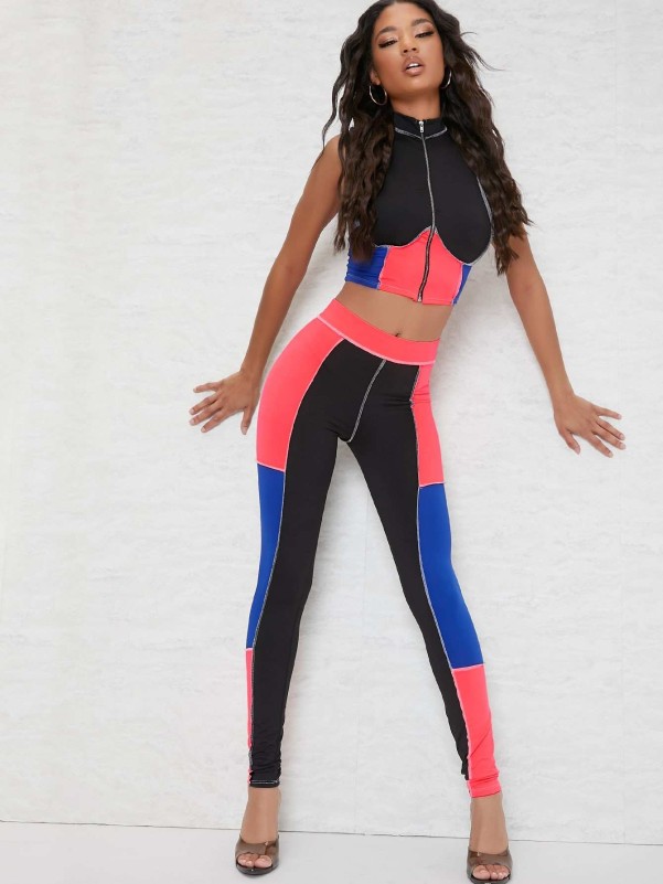 Colorblock Zip-Up Mock Neck Top & Contrast Stitch Leggings Set