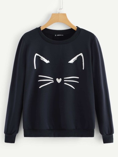 Cartoon Cat Print Sweatshirt