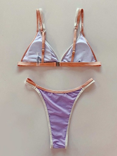 Contrast Binding Triangle Thong Bikini Swimsuit