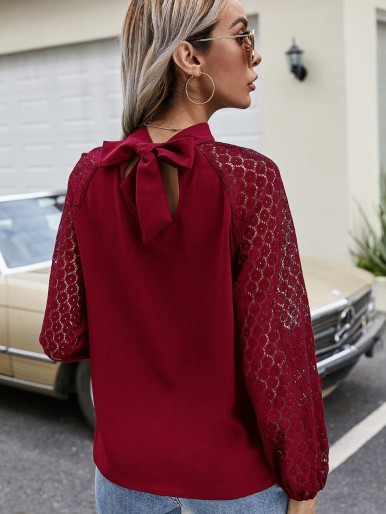 Contrast Lace Sleeve Knot Blouse