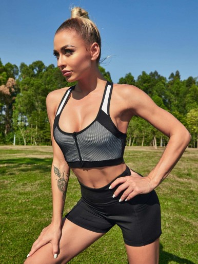 High Support Contrast Fishnet Hooded Sports Bra